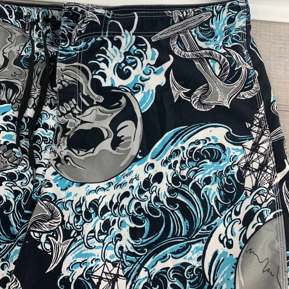 Joe Boxer Mens Skull Anchor Wave Print Board Shorts Black Blue Size 44